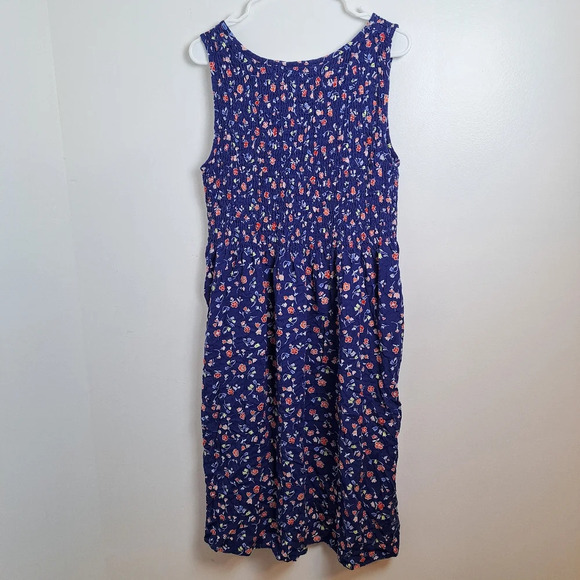 Unbranded Dark Blue Floral Smocked Girly Sleeveless Midi Dress Size Small - Picture 3 of 6